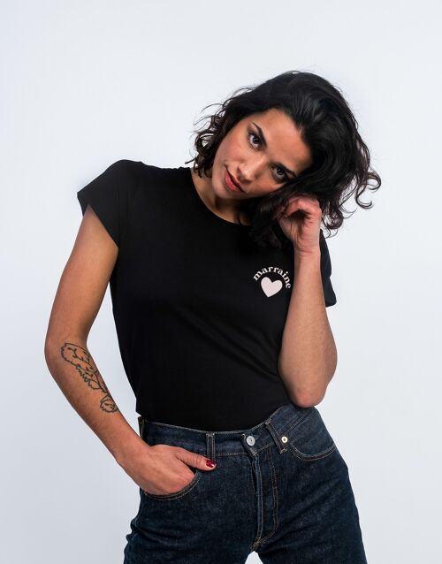 TSHIRT NOIR FEMME MARRAINE D'AMOUR CŒUR