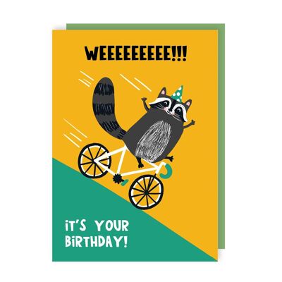 Confezione da 6 biglietti di auguri di compleanno divertenti Racoon Bike