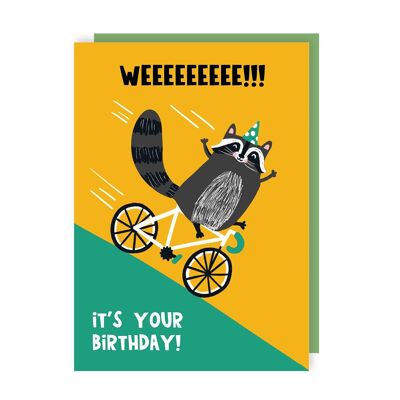 Paquete de 6 tarjetas de cumpleaños divertidas en bicicleta de mapache