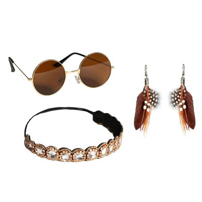 Set hippie: occhiali/parrucca/fascia e collana in metallo