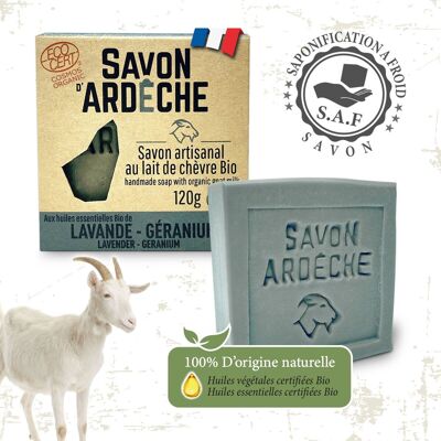 Zertifizierte Bio-Ziegenmilchseife – 7 % superfette milde Seife – 100 % natürliche, handwerklich hergestellte Seife – Hergestellt in der Ardèche – Für Gesicht und Körper – 120 g (Lavendelgeranie)