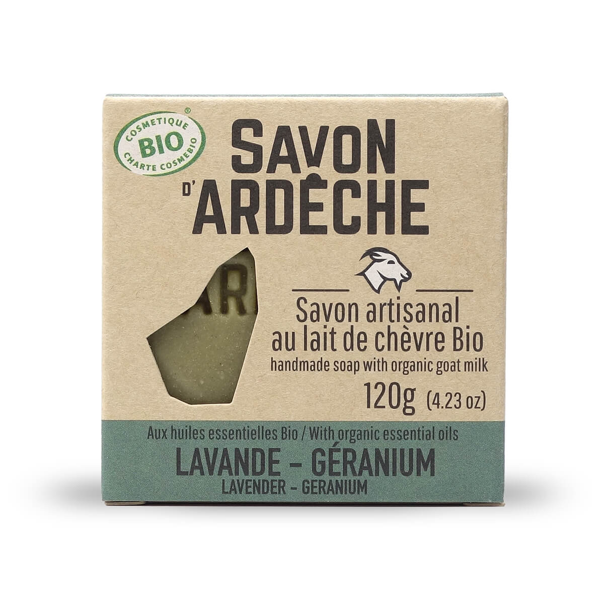 Certified Organic Goat's Milk Soap - 7% Superfatted Mild Soap - 100% Natural Artisanal Soap - Made in Ardèche - For Face and Body - 120g (Lavender Geranium)