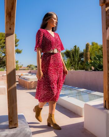 Robe Midi Plissée LAURINE Rose, imprimé Léopard 2