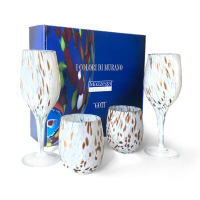 Ensemble de verres à vin et verres en verre soufflé et fabriqué à la main avec coffret cadeau « I Colori di Murano » avec aventurine - Élégant pour des événements raffinés - Fabriqué en Italie