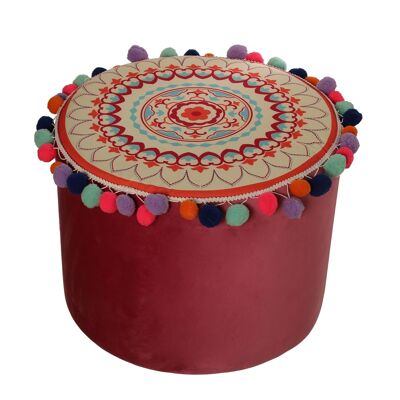 FUCHSIA UPHOLSTERED POUF WITH EMBROIDERY+POMPOM FRINGES °40X30CM, POLY╔STER/WOOD ST44172
