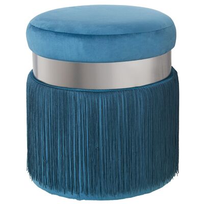 POUF EN VELOURS BLEU À FRANGES, BANDE EN ACIER PLAQUÉ.:7CM,DM+POLYÉ °40X44CM, FRANGES:29CM ST64069