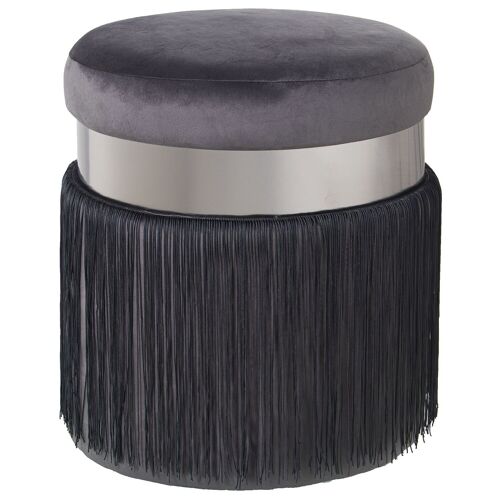 PUF TERCIOPELO GRIS C/FLECOS,BANDA ACERO PLAT:7CM,DM/POLIÉS °40X44CM, FLECOS:29CM ST64068