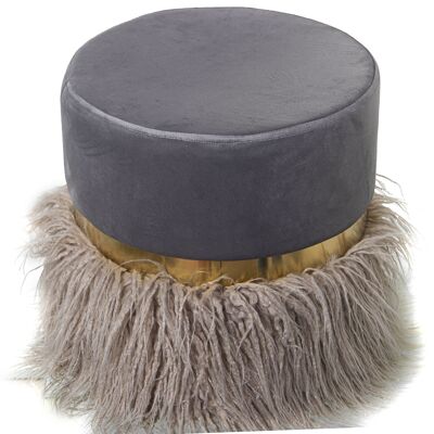 GRAY VELVET POUF WITH FRINGES+GOLD METAL RING °35X35CM ST25023