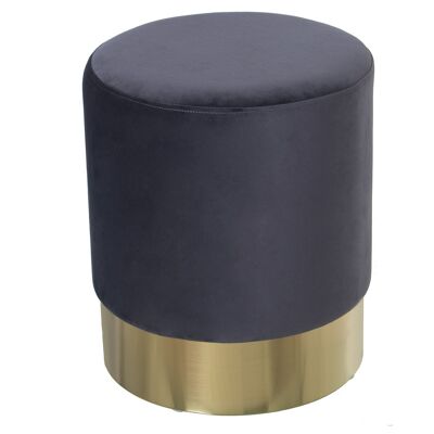 DUNKELGRAUER SAMT-POUF MIT GOLDENEM STAHLBAND 10CM °35X42CM, POLY╔STER/DM+KIEFER ST49413