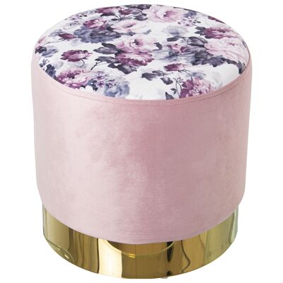 POUF IN VELLUTO ROSA STAMPA FIORI CON ANELLO IN METALLO DORATO °36X36CM ST25020