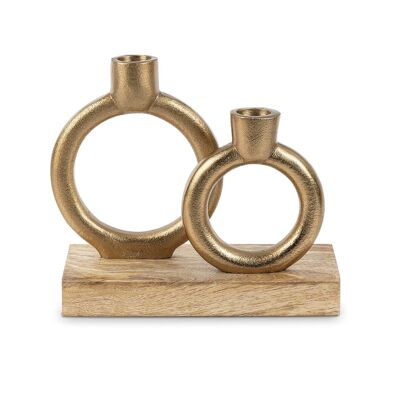 GOLDEN METAL CANDLE HOLDER WITH WOODEN BASE _20X18X7CM, FOR 2 CANDLES ST36959