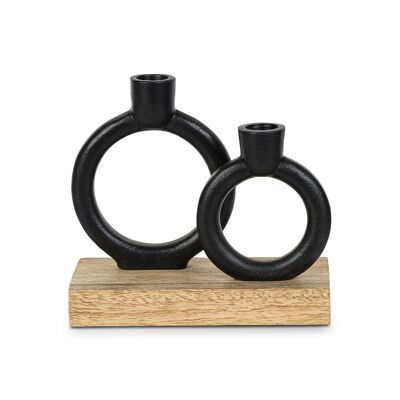 BLACK METAL CANDLE HOLDER WITH WOODEN BASE _20X18X7CM, FOR 2 CANDLES ST36921