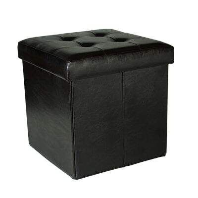 POUF PORTAOGGETTI PIEGHEVOLE IN PELLE NERA _38X38X38CM ST43462