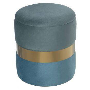 POUF DE RANGEMENT VELOURS VERT D'EAU/BLEU BANDE ACIER DORÉ °37X43CM, POLY╔STER/DM ST49415 1