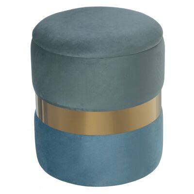 WATER GREEN/BLUE VELVET STORAGE POUF WITH GOLD STEEL BAND °37X43CM, POLY╔STER/DM ST49415