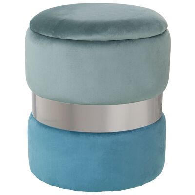 POUF CONTENITORE IN VELLUTO VERDE ACQUA/BLU CON FASCIA IN ACCIAIO PLA °37X43CM, POLI╔STER/DM ST64066