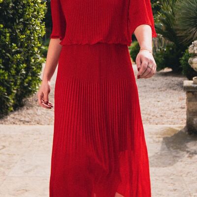 LOUISA Pleated Midi Dress Red