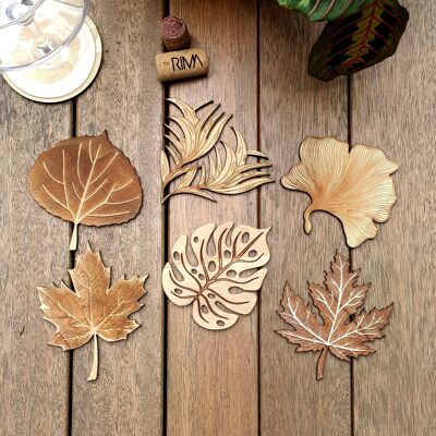 Set di 6 sottobicchieri in legno con foglie