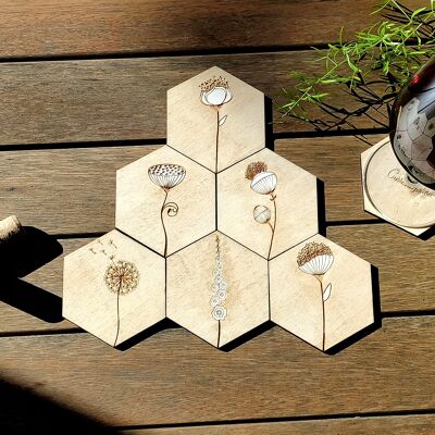 Juego de 6 posavasos hexagonales de madera de plantas