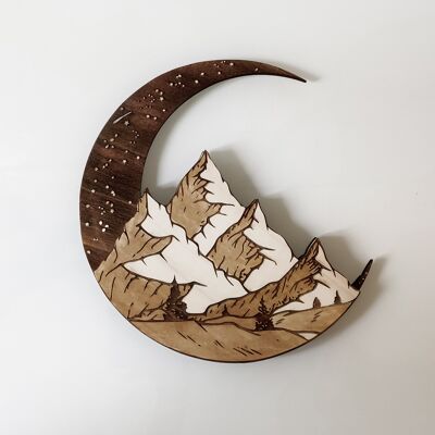 Montagnes bois Wall Art - panneau - décoration d'intérieur - forme de lune