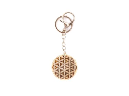 Porte clés fleur de vie en bouleau, métal et ambre, diamètre 4 cm - FLV7
