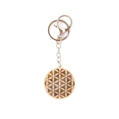 FLOWER OF LIFE KEY RING diam 4cm BIRCH METAL and AMBER ref: FLV7