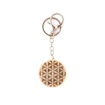 Porte clés fleur de vie en bouleau, métal et ambre, diamètre 4 cm - FLV7