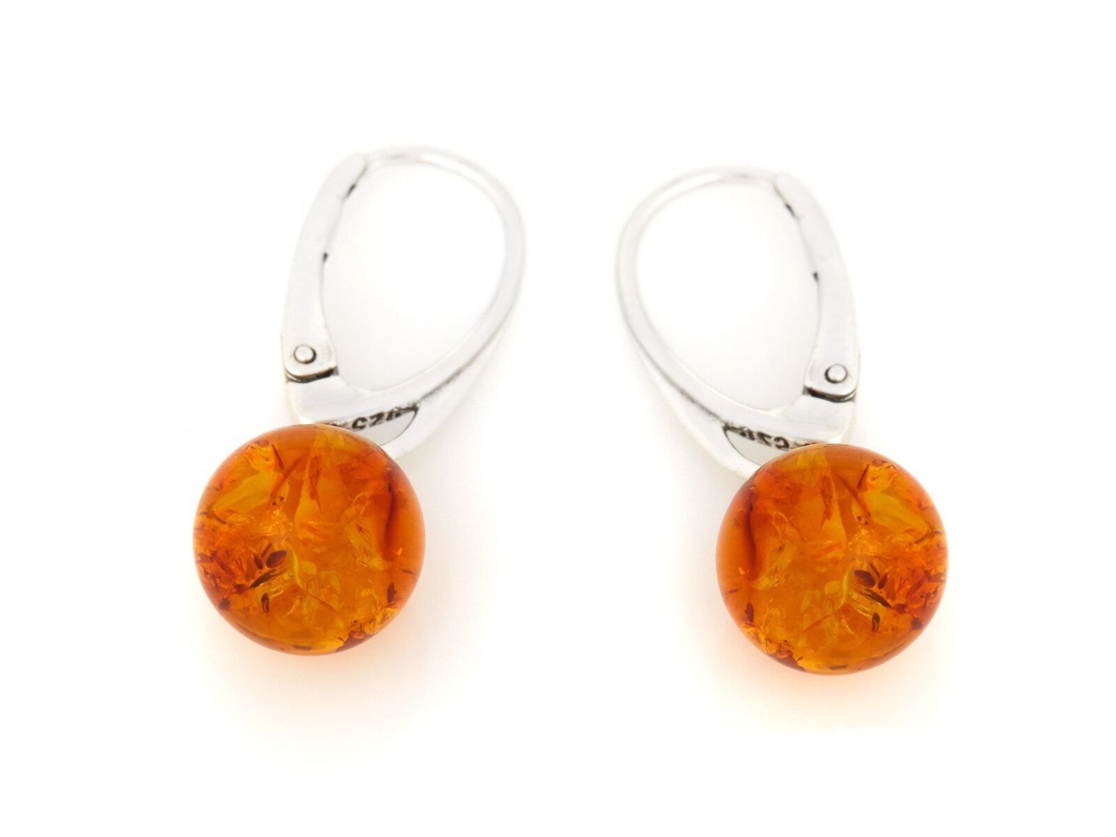 Orecchini pendenti con pallina ambra cognac, in argento rodiato 925/1000 - GDK46R