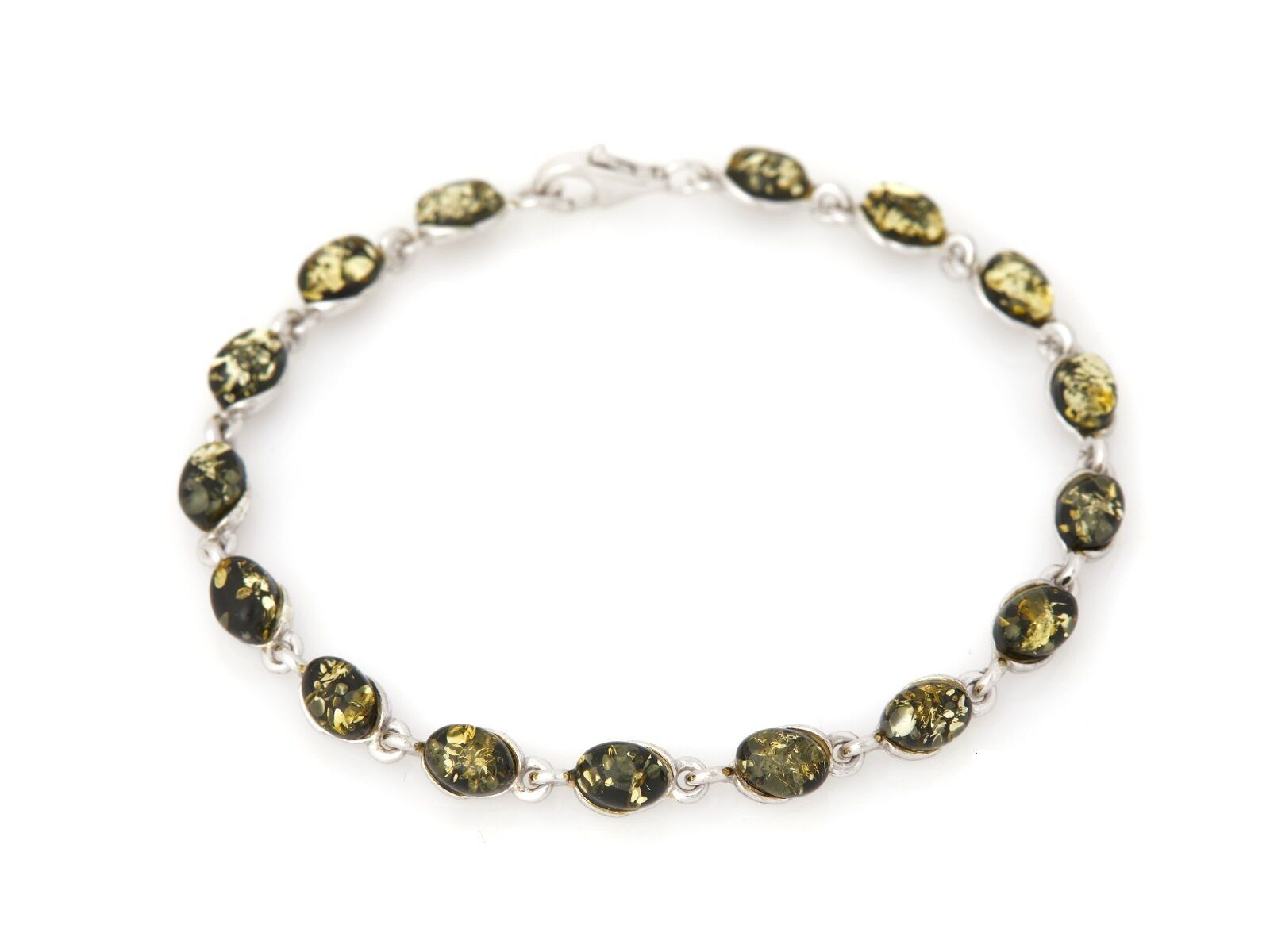 Bracciale con ambra verde naturale ovale, in argento 925/1000 rodiato, lunghezza 19 cm - AB-BR010V