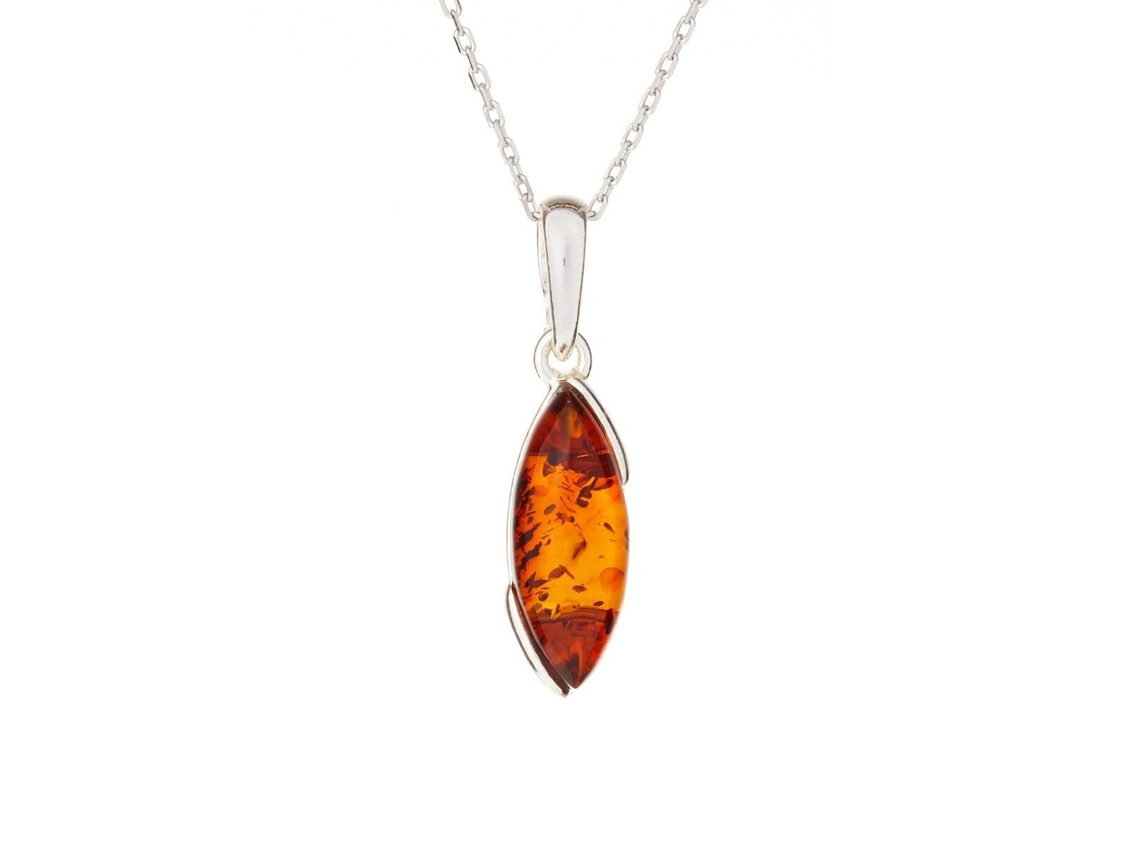 Pendant with cognac amber navette, in rhodium-plated silver 925/1000, height 1.6+0.8 cm - AB-PE006