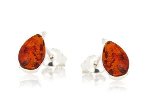 Clous d'oreilles avec ambre cognac de la mer Baltique goutte, argent rhodié 925/1000 - AB-BO008