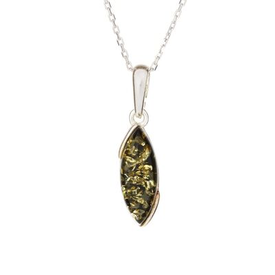 Pendentif avec ambre vert navette, en argent rhodié 925/1000, hauteur 1,6+0,8 cm - AB-PE006V