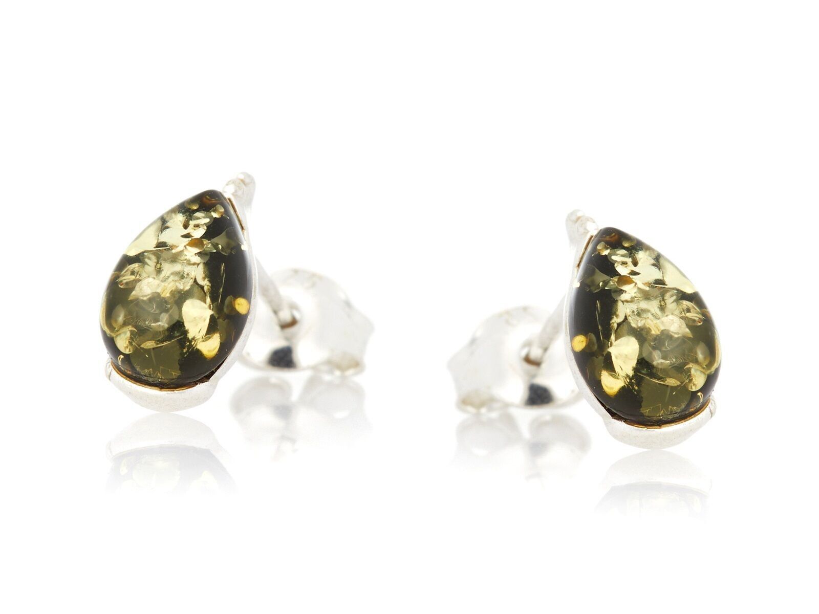 Orecchini a bottone con goccia di ambra verde del Mar Baltico, argento rodiato 925/1000 - AB-BO008V