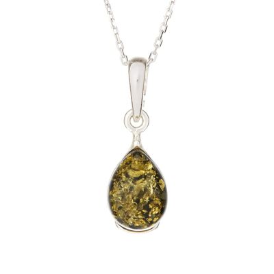 Colgante con gota de ámbar verde, en plata rodiada 925/1000, altura 1+0,8 cm - AB-PE008V