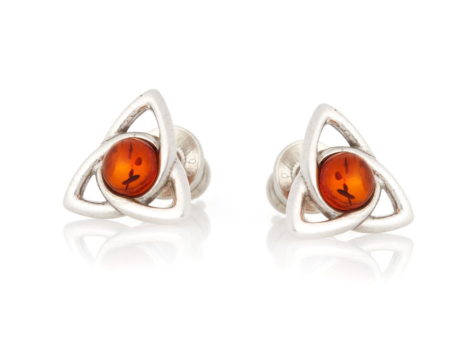 Boucles d'oreilles triquetra avec ambre cognac naturel, en argent rhodié 925/1000 - GI-BO041