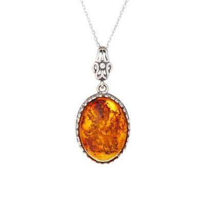 Colgante con ámbar coñac ovalado, en plata envejecida rodiada 925/1000, altura 2+1 cm - GDW54