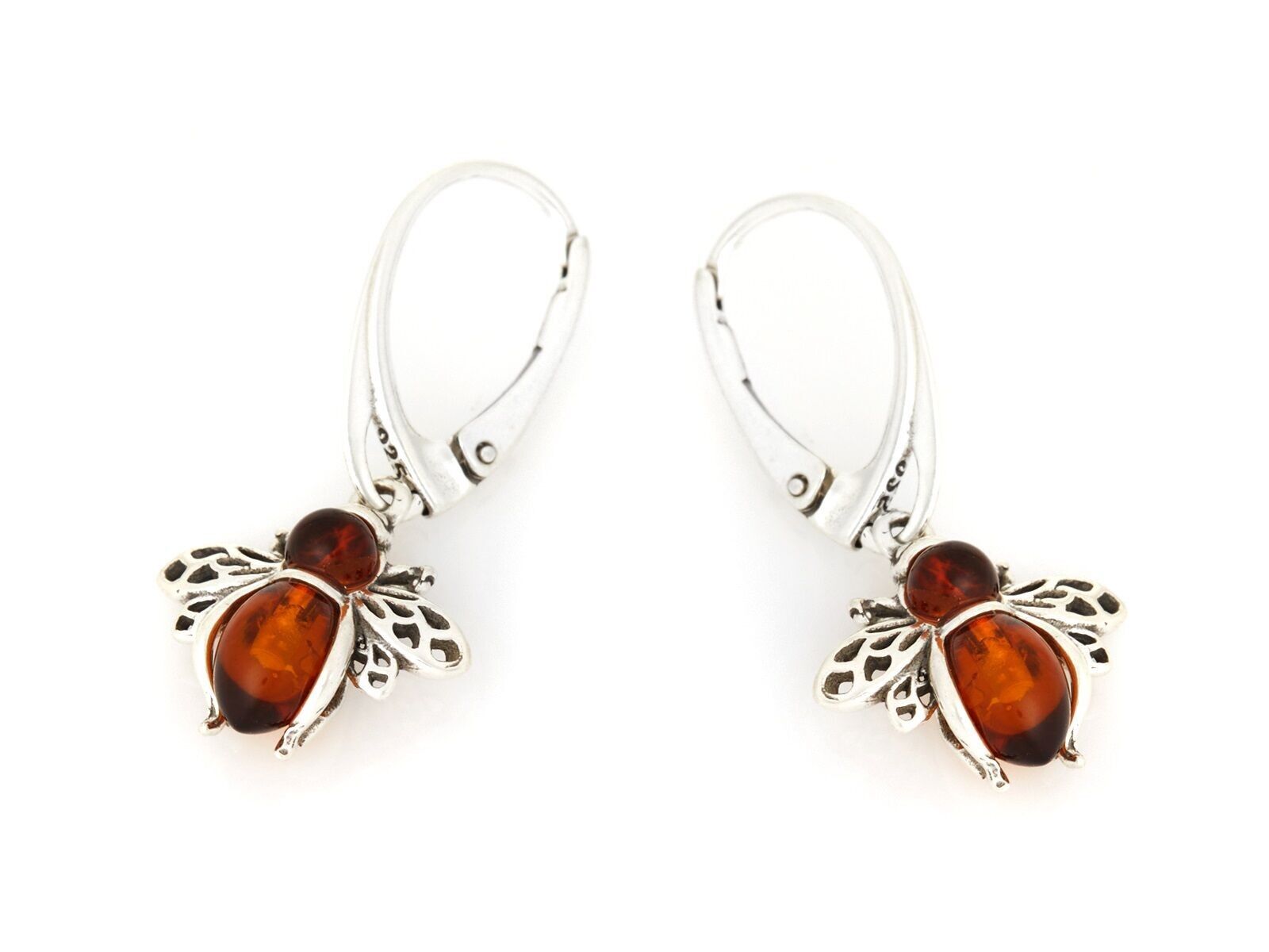 Pendientes abeja con ámbar coñac natural, en plata envejecida rodiada 925/1000 - GI-BO040
