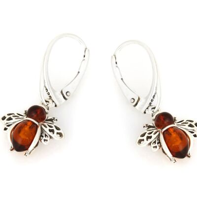 BOUCLES D'OREILLES ABEILLE ARGENT VIEILLI 925/1000 AMBRE COGNAC ref: GI-BO040