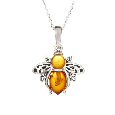 Bee pendant with cognac amber, in aged rhodium-plated silver 925/1000, height 1.6+0.8 cm - GI-PE040