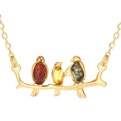 Collana uccello con ambra multicolore, in argento dorato 925/1000, lunghezza 42+3 cm - GI-CL013MD