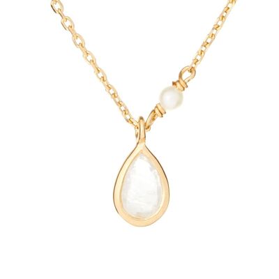 Collar con piedra de luna y perlas, en plata dorada 925/1000, largo 40 + 5 cm - CJF-CL046-PLR-D