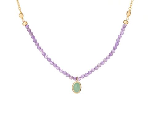 COLLIER 40+5CM AMETHYSTE, AVENTURINE ARGENT DORE 925/1000 ref: CJF-CL044D