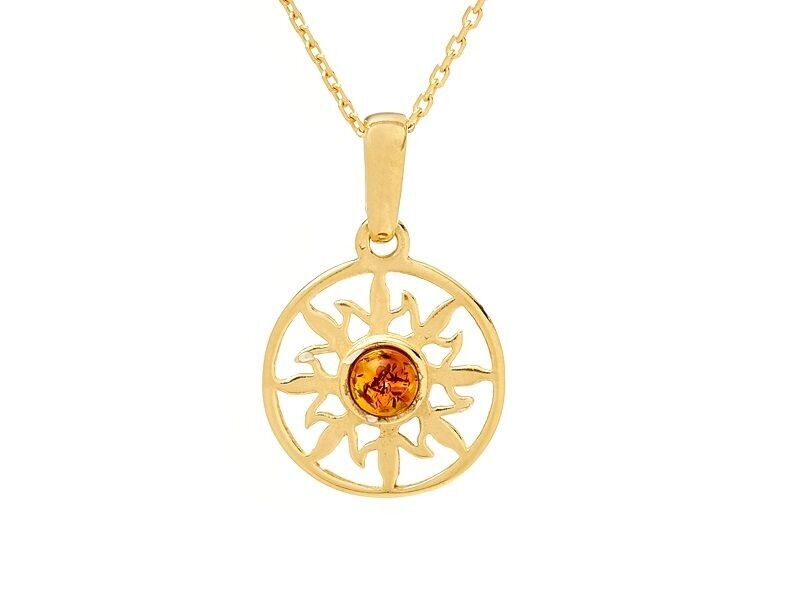 Ciondolo sole con ambra tonda cognac, in argento dorato 925/1000, diametro 1,5+1 cm - KM950WD
