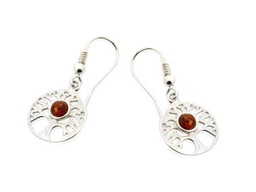 Boucles d'oreilles arbre de vie avec ambre cognac naturel, en argent rhodié 925/1000 - KM951KR-1