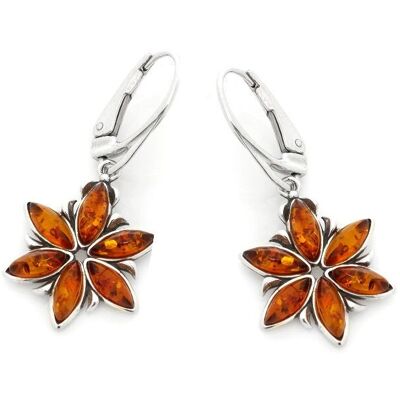 Flower earrings with natural cognac amber, in rhodium silver 925/1000 - GD-BO0077R