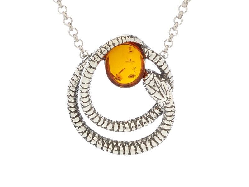 Snake necklace with cognac amber, in rhodium-plated silver 925/1000, length 45 + 5 cm - SA4062NOR