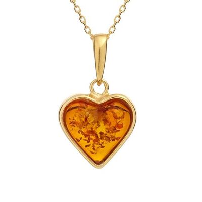 Ciondolo cuore con ambra naturale cognac, in argento dorato 925/1000, altezza 1,4+1 cm - KM982WD