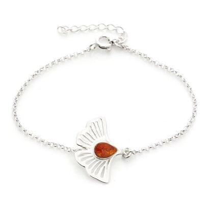 Pulsera Gingko con ámbar coñac, en plata rodiada 925/1000, longitud 16+3,5 cm - KM105AR