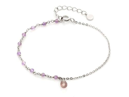 BRACELET 15+3CM AMETHYSTE, QUARTZ ROSE ARGENT ref: CJF-BR082