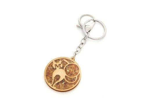 PORTE CLES CHAT diam 4cm BOULEAU METAL et AMBRE ref: FLV18